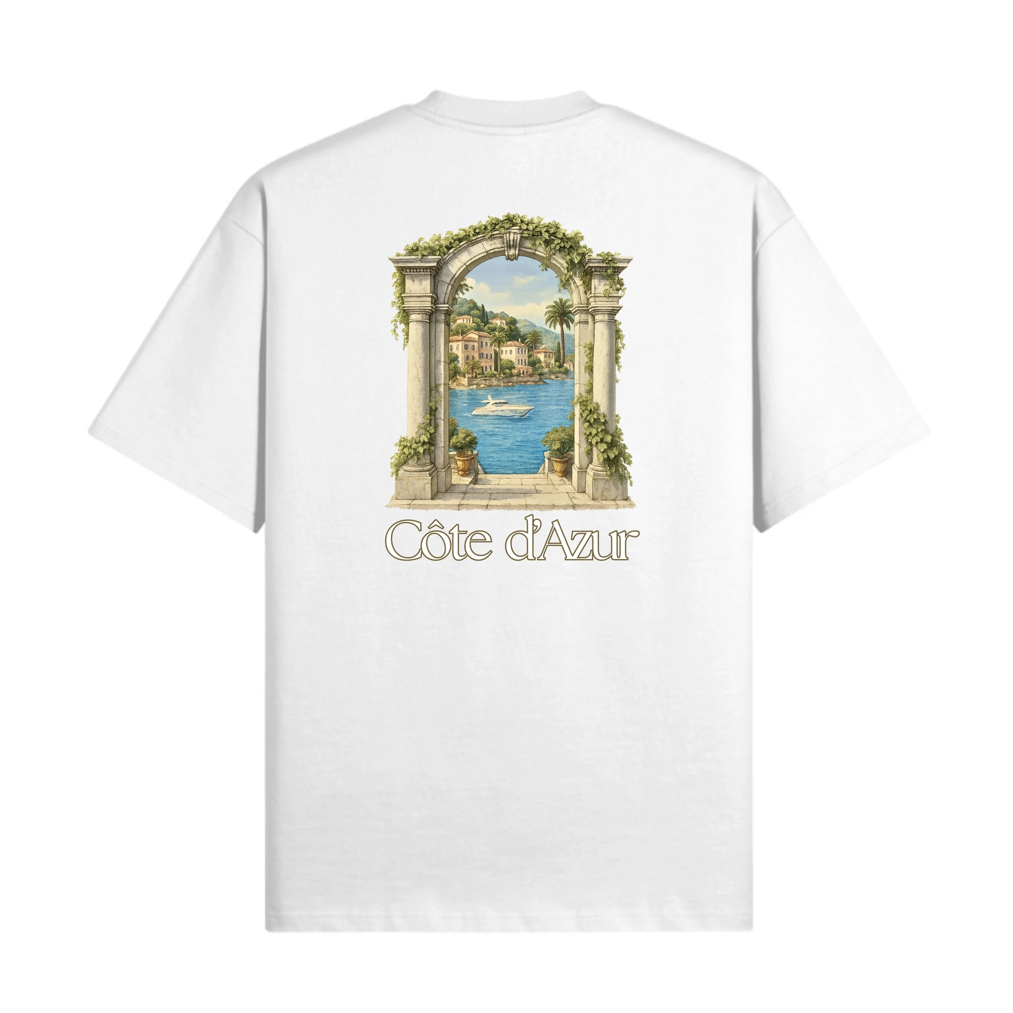 White t-shirt with a scenic print and 'Câte d'Azur' text on a white background