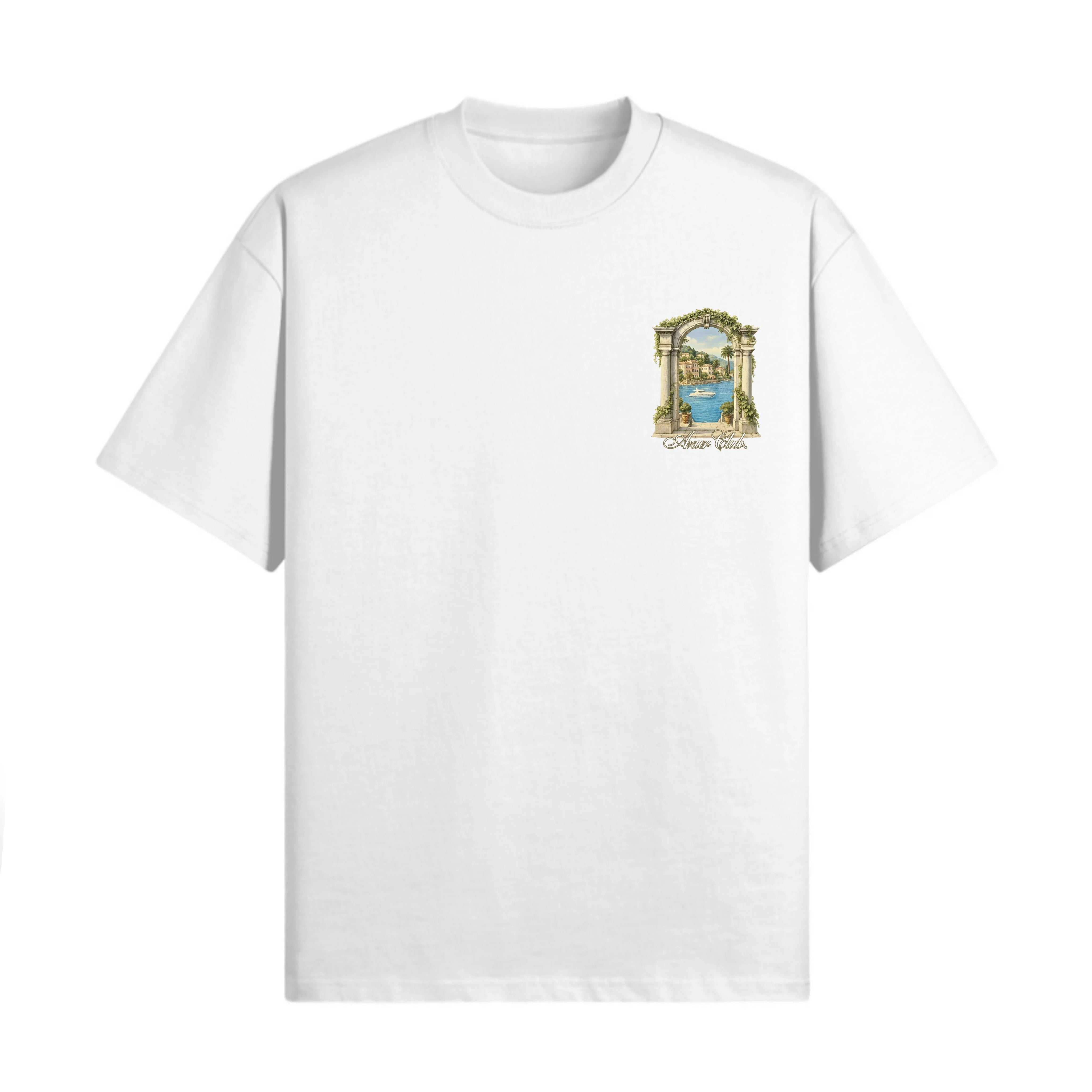White t-shirt with a decorative emblem on a white background