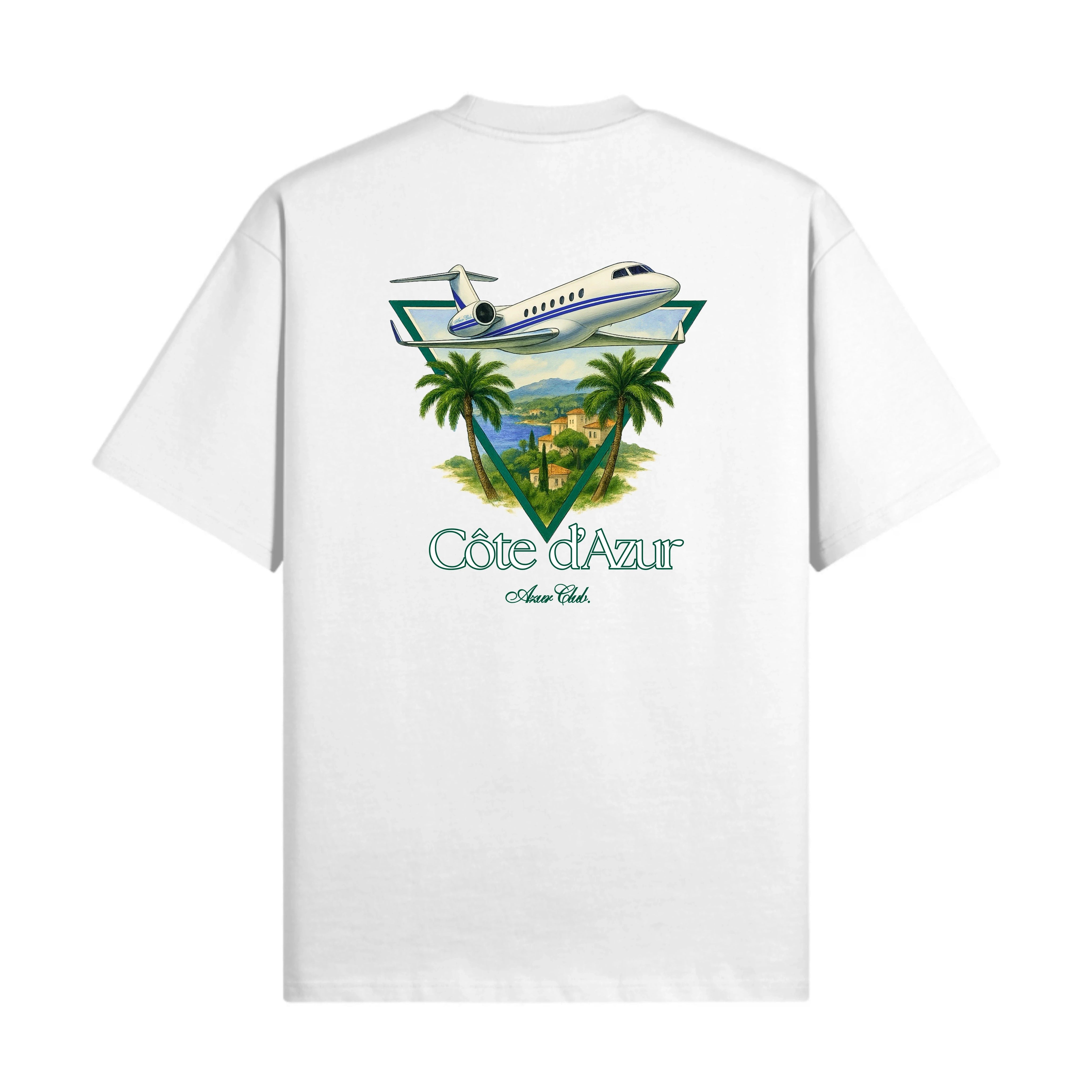 White t-shirt with a 'Côte d'Azur' graphic design featuring a plane and palm trees on a white background.