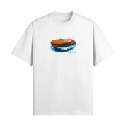 White t-shirt with a graphic of a boat on a white background