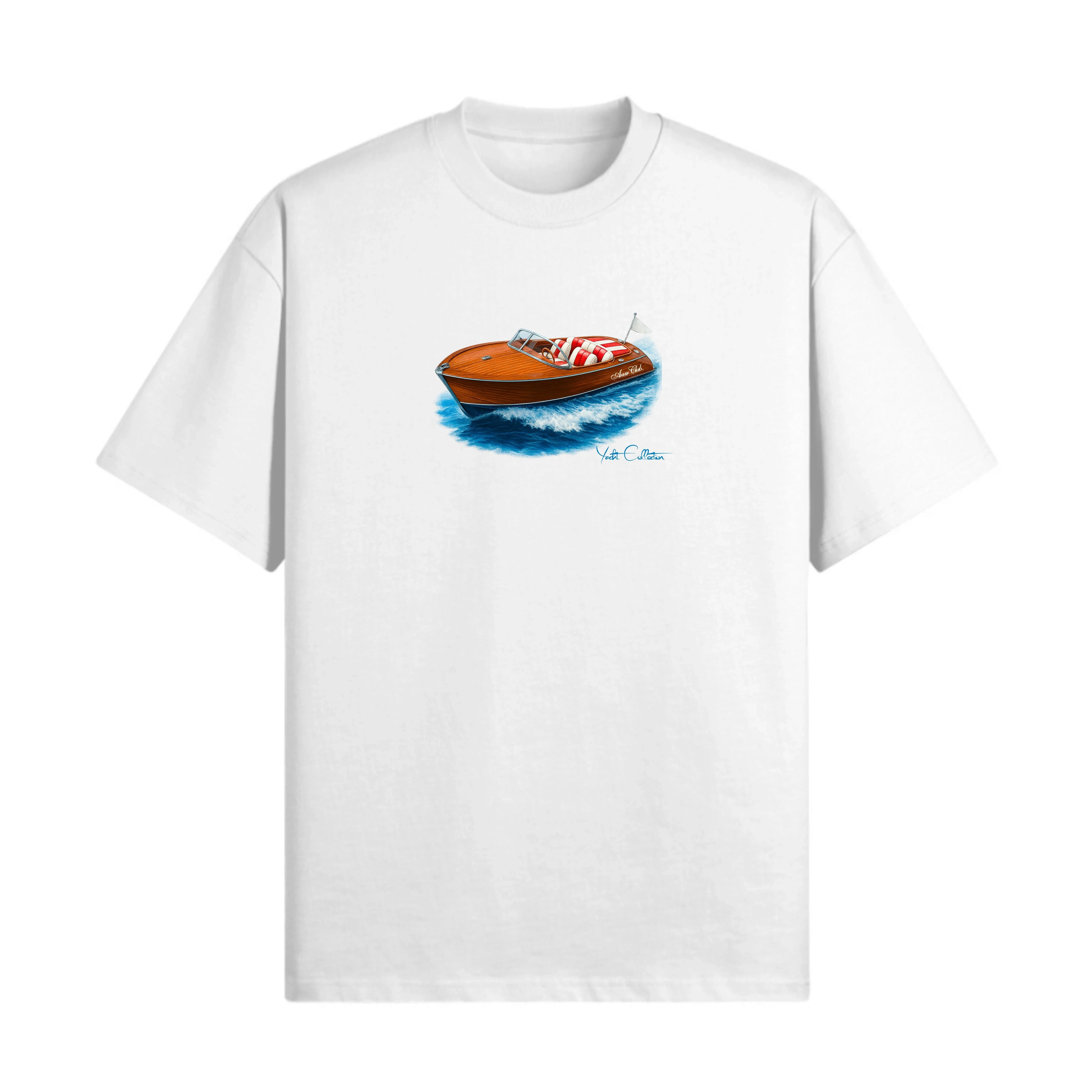 White t-shirt with a graphic of a boat on a white background